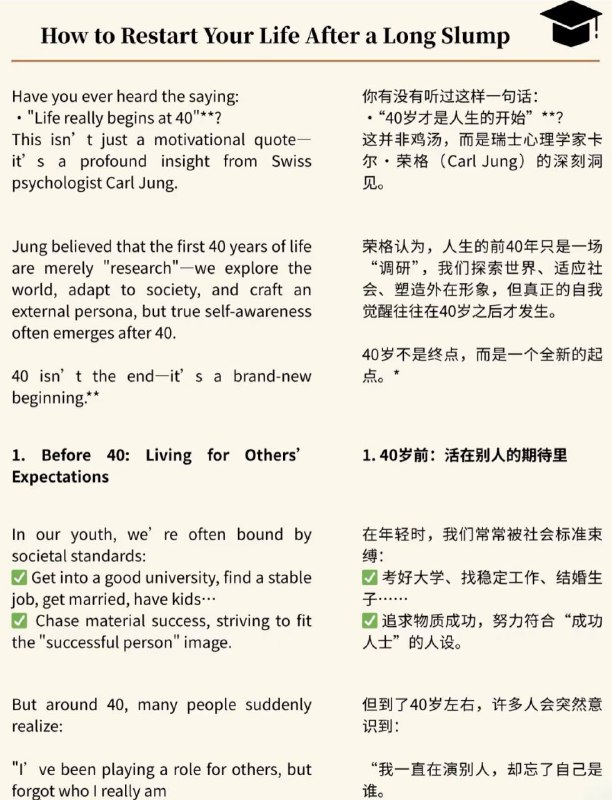 外刊精读分享｜人生确实始于40岁Life Really Begins at 40你有没有听过这样一句话：“40岁才是人生的开始？这并非鸡汤，而是瑞士心理学家卡尔 •荣格（Carl Jung）的深刻洞见外刊精读分享｜人生确实始于40岁Life Really Begins at 40你有没有听过这样一句话：“40岁才是人生的开始？这并非鸡汤，而是瑞士心理学家卡尔 •荣格（Carl Jung）的深刻洞见