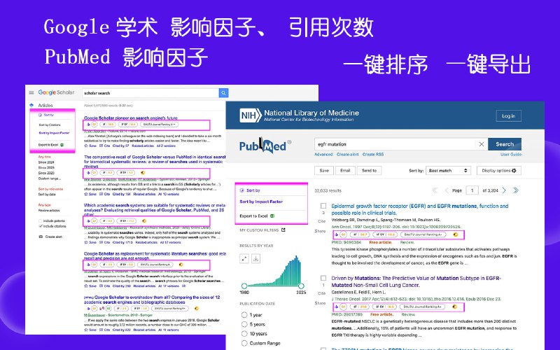 #插件 #文献 #论文 文献泡泡 在学术站点自动显示期刊的当前影响因子、5年影响因子、期刊分区和等级等关键信息，支持 PubMed、知网、Google 学术、百度学术、智慧云图书馆 等，支持一键排序和导出为 Excel，对暂不支持的站点，可在插件弹窗中直接输入期刊名称进行查询，完全免费，无需注册