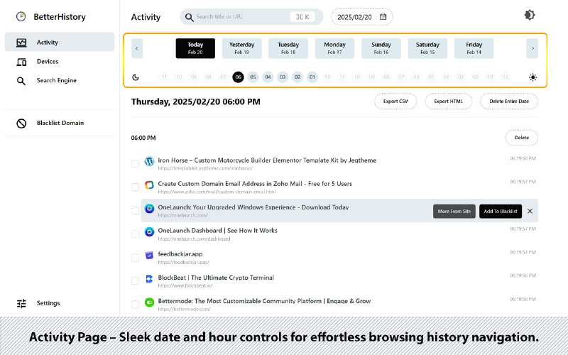 #浏览器 #插件 #Chrome🕓 Better History - 一款强大的浏览器历史记录管理插件支持搜索、批量导出、自定义删除、按天或小时删除，并阻止特定域名的历史记录支持中文📮投稿    📢频道    💬群聊    🔎索引