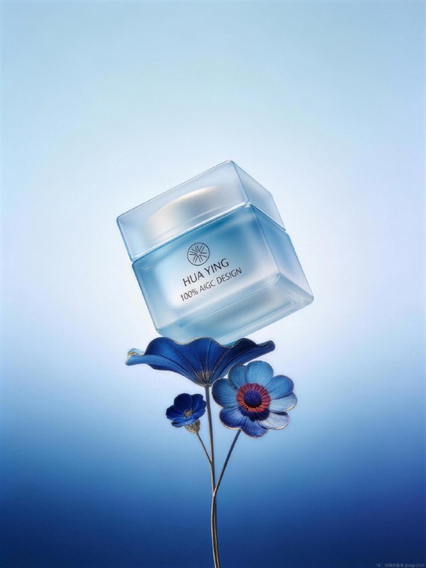 AIGC直出，清爽蓝色护肤品摄影大片（附教程） 既梦4.5香水摄影大片，提示词参考：红色区域为蓝色的植物