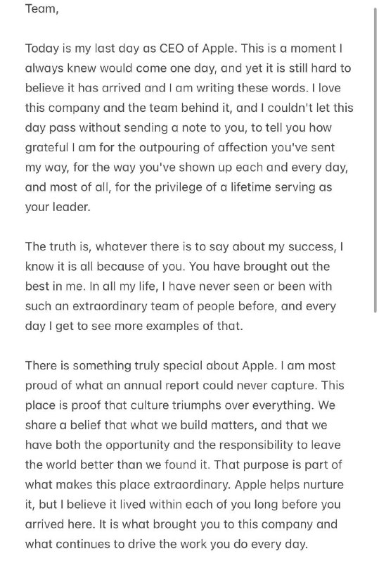 ↩️ 库克卸任苹果 CEO 发全员信，称不会离开公司
