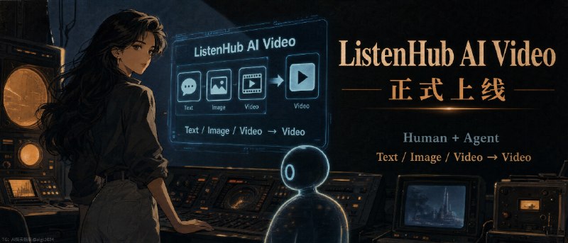今天 ListenHub 的AI 视频功能正式上线啦，人类用户和 Agent 现在都可以调用 ListenHub 的服务生成视频