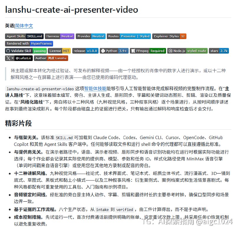 推荐个开源项目 lanshu-create-ai-presenter-video，专门拿 AI 数字人来出口播视频