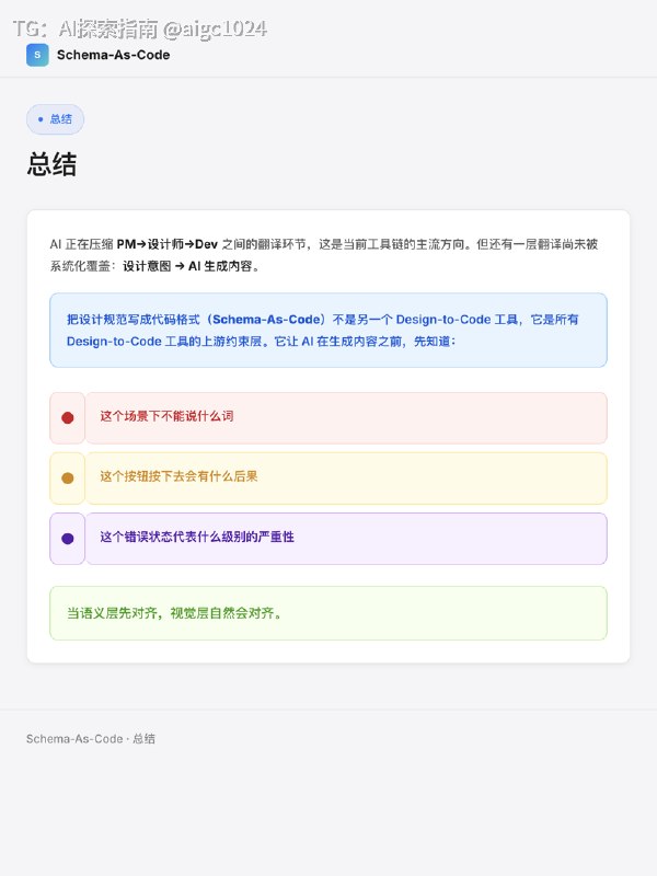 当AI生成界面时，谁在守住设计意图？在大型软件团队做体验架构期间我观察到一种系统性失真设计师在规范中明确定义了高危操作需特殊视觉权重+二次确认落到实现层时却变成了普通样式+通用文案这是设计意图从人脑到机器的过程中丢失了语义层规范只描述了长什么样，没有定义这意味着什么，机器无法识别风险权重传统产品团队的流程通常包含多个翻译环节PM写文档→设计师出图→前端写代码→走查发现不一致→再改一遍每个环节都是一次翻译都有损耗当前AI工具正在压缩这些翻译环节PM可以直接输出原型，设计师可以在真实代码上工作，AI可以生成可运行页面形态层的效率问已基本被各类Design-to-Code工具覆盖但还有一层翻译当前工具链尚未系统化覆盖设计意图→AI生成内容当AI用概率生成文案、按钮样式、错误状态时它理解这里需要一个按钮，但不理解这个按钮按下去会删除用户数据，因此必须是红色描边，必须有二次确认形态层解决长什么样、怎么写，语义层解决意味着什么、不能突破什么当前者被各类工具覆盖时后者尚未建立系统化的约束机制图1‌：形态层vs语义层一张分工图图2‌‌、图3‌‌、图4‌‌‌、‌图5‌‌：四个领域的前后对比图6‌：多维表产品/工具类型×层级定位×语义盲区×语义约束协议叠加方式图7‌‌‌：多维表语义约束协议叠加方式×领域消费方图8‌： 我的解法从一个组件的语义对齐开始我最初试图拉通整个研发环境来解决这个问发现范围过大现在从对齐一个组件的语义说起具体做法1.选一个最混乱的组件2.画出语义断层地图：设计意图→自然语言规范→AI概率生成内容，标红断裂点3.写成设计开发语义词典的一个条目：定义这个组件在这个场景下必须表达什么语义、不能突破什么边界4.用YAML形式化：让机器可读 可编译 可校验我作为语义翻译者，比工程师更懂设计意图的语义，比设计师更懂实现的约束我的产出是设计规范中可被工程消费的那一层，让设计意图在跨角色传递时不变形总结AI 正在压缩翻译环节，这是当前工具链的主流方向但还有一层翻译尚未被系统化覆盖：设计意图→AI生成内容我认为把设计规范写成代码格式，让AI在生成内容之前先知道这个场景下不能说什么词，这个按钮按下去会有什么后果，这个错误状态代表什么级别的严重性当语义层先对齐视觉层自然会对齐@aigc1024当AI生成界面时，谁在守住设计意图？在大型软件团队做体验架构期间我观察到一种系统性失真设计师在规范中明确定义了高危操作需特殊视觉权重+二次确认落到实现层时却变成了普通样式+通用文案这是设计意图从人脑到机器的过程中丢失了语义层规范只描述了长什么样，没有定义这意味着什么，机器无法识别风险权重传统产品团队的流程通常包含多个翻译环节PM写文档→设计师出图→前端写代码→走查发现不一致→再改一遍每个环节都是一次翻译都有损耗当前AI工具正在压缩这些翻译环节PM可以直接输出原型，设计师可以在真实代码上工作，AI可以生成可运行页面形态层的效率问已基本被各类Design-to-Code工具覆盖但还有一层翻译当前工具链尚未系统化覆盖设计意图→AI生成内容当AI用概率生成文案、按钮样式、错误状态时它理解这里需要一个按钮，但不理解这个按钮按下去会删除用户数据，因此必须是红色描边，必须有二次确认形态层解决长什么样、怎么写，语义层解决意味着什么、不能突破什么当前者被各类工具覆盖时后者尚未建立系统化的约束机制图1‌：形态层vs语义层一张分工图图2‌‌、图3‌‌、图4‌‌‌、‌图5‌‌：四个领域的前后对比图6‌：多维表产品/工具类型×层级定位×语义盲区×语义约束协议叠加方式图7‌‌‌：多维表语义约束协议叠加方式×领域消费方图8‌： 我的解法从一个组件的语义对齐开始我最初试图拉通整个研发环境来解决这个问发现范围过大现在从对齐一个组件的语义说起具体做法1.选一个最混乱的组件2.画出语义断层地图：设计意图→自然语言规范→AI概率生成内容，标红断裂点3.写成设计开发语义词典的一个条目：定义这个组件在这个场景下必须表达什么语义、不能突破什么边界4.用YAML形式化：让机器可读 可编译 可校验我作为语义翻译者，比工程师更懂设计意图的语义，比设计师更懂实现的约束我的产出是设计规范中可被工程消费的那一层，让设计意图在跨角色传递时不变形总结AI 正在压缩翻译环节，这是当前工具链的主流方向但还有一层翻译尚未被系统化覆盖：设计意图→AI生成内容我认为把设计规范写成代码格式，让AI在生成内容之前先知道这个场景下不能说什么词，这个按钮按下去会有什么后果，这个错误状态代表什么级别的严重性当语义层先对齐视觉层自然会对齐@aigc1024