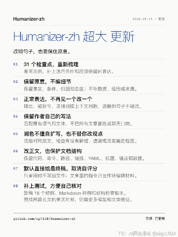 藏师傅 1 万多 star 的去 AI 味 Skill Humanizer-zh 迎来了一大波更新！