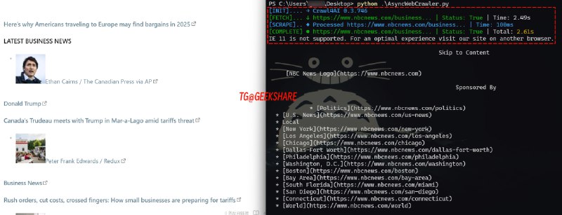 #开源 #爬虫 #工具🕷️ Crawl4AI - 一款开源的 Web 爬虫工具使用文档Crawl4AI 旨在简化网页数据的爬取与提取过程，专为 LLM 和 AI 应用打造使用门槛非常低，一行命令就可以开始，爬取新闻类网站比较简单，速度是真的快（如图爬的是NBC的新闻，输出md格式）📮投稿    📢频道    💬群聊    🔎索引
