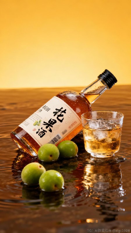 【AIGC直出.高端青梅酒商业摄影（附提示词）】[向右R] 参考提示词：‘花田果酒’高端青梅酒商业摄影，透明瓶身的琥珀色青梅酒（瓶身贴含‘花田果酒’书法字体的标签，瓶子旁边有几颗青梅），置于暖棕水面上（水面有波纹），旁侧搭配装冰酒的玻璃杯，背景为渐变暖黄底色