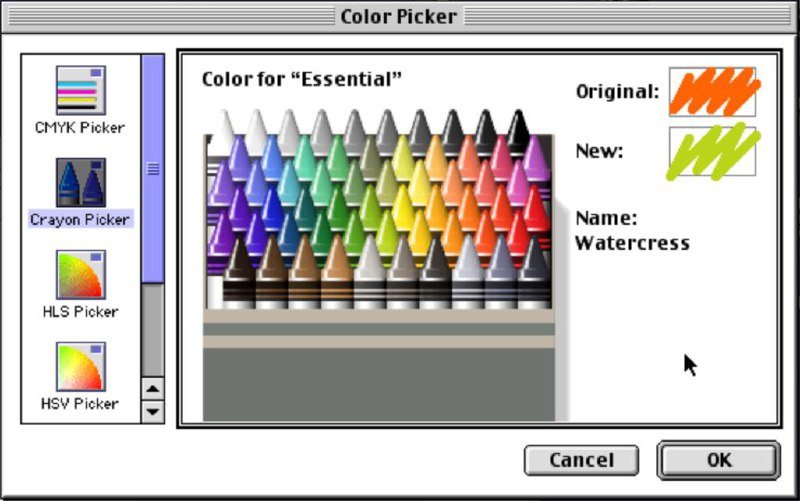 有时候还挺费解为什么 Mac 的 Color Picker 会有“蜡笔”面板，原来是工程师自娱自乐的产物