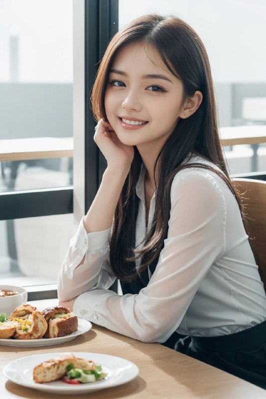 1girl,sitting in new workplacecafeteria,first lunchbreak,smiling, pleasantconversation,modern officecafeteria, large windows,brightlighting,joyful expression,friendlyatmosphere,
