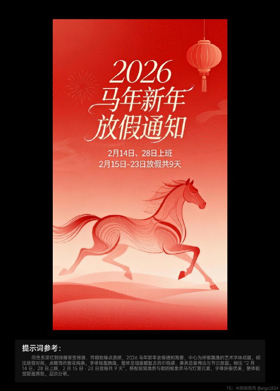 AIGC直出，2026新年放假通知海报（附提示词） 既梦4.5直出[打卡R]日历方面可能会出现错乱，需要ps一下，如果不想用ps可以直接选择不带日历的提示词