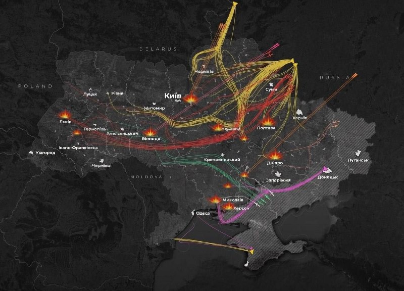 🇷🇺🇺🇦️ - מפה של פגיעות לילה של טילים ומזל"טים על מטרות באוקראינה.