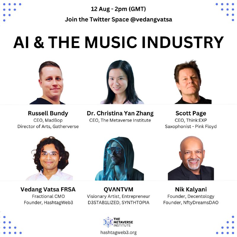 Set a reminder for our upcoming Twitter Space on 'AI & The Music Industry' (12 Aug - 2pm GMT): https://twitter.com/i/spaces/1YqGoAvmnLgxvWith:  • Scott Page: Saxophonist for Pink Floyd• Russell Bundy: CEO, Madbop• QVΛNTVM: Featured in The Oprah Daily, Netflix, iTunes Top-100. etc.• Nik Kalyani: Founder, NftyDreamsDAO• Dr. Christina Yan Zhang (aka Dr. Metaverse)• Vedang Vatsa: Fractional CMO | Founder, HashtagWeb3...Join the AI Discussion Group: 