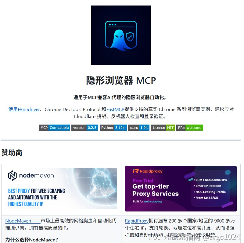 搞爬虫和自动化的兄弟注意了，有个叫Stealth Browser MCP的东西，专门给AI Agent用的隐身浏览器