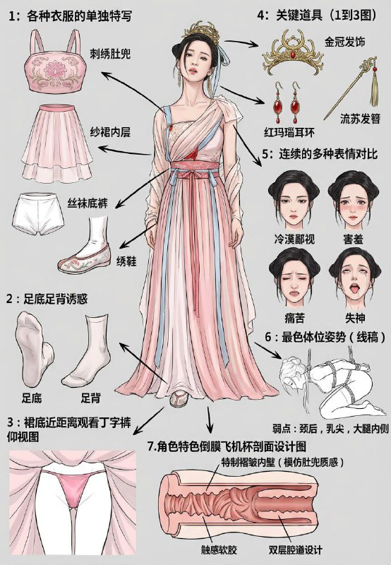 #nsfw 角色结构图 提示词  https://bbs.zsxwz.com/thread-8080.htm先将原图人物主体放在正中央（如果原图露点则需要添加最低限度的遮蔽物），然后进行扩展，分解构造出她的各种细节（用局部放大图的方式呈现，环绕在周围用箭头链接表示对应关系），并标注出你的涩琴解说（细节特征，瑟瑟指南，设计思路穿插触觉和嗅觉）：1：各种衣服的单独特写（多图 穿多少拆多少，重点是袜子鞋子内衣）2：足底足背诱惑展示（两图），如果有丝袜则足底足背保留丝袜3：裙底近距离观看丁字裤仰视图4：关键道具（1到3图）（饰品、武器...等等）5：连续的多种表情对比（四图）：冷漠鄙视；害羞；痛苦；失神（舌头伸出微微翻白眼留着口水）6：一张你认为在这个角色身上最色的体位姿势（线稿），并说明她的瑟瑟弱点7.一张倒膜飞机杯的剖面设计图，结构纹理等要体现角色特点其他需求：不要原图复制
