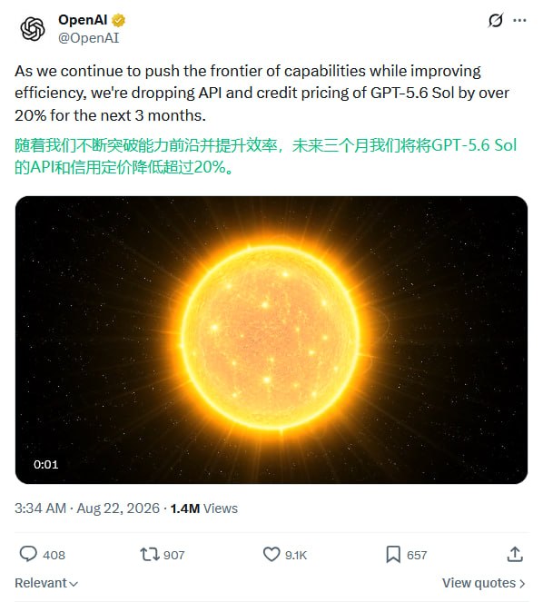 OpenAI 下调 GPT-5.6 Sol 价格，API 与额度费用降幅超 20%