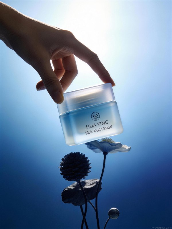 AIGC直出，清爽蓝色护肤品摄影大片（附教程） 既梦4.5香水摄影大片，提示词参考：红色区域为蓝色的植物