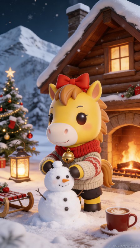 AIGC直出，2026小马新年旅游海报（附提示词） 用4.5生成海报，再用4.0生成字体合成海报，提示词参考：3D 卡通渲染风格，超萌治愈系马年新年主插画，画面中心是拟人化生肖马 IP 形象站着，通体为明亮的暖黄色，头顶棕褐色鬃毛，佩戴红色蝴蝶结发饰与带金色铃铛的红色项圈，表情呆萌带浅笑，小马的大眼睛乌黑透亮，带着灵动的高光，嘴角露出开心的微笑，整体表情温暖治愈，表情温暖治愈，看着前面的冰糖葫芦，仿佛沉浸在热闹的市集氛围里