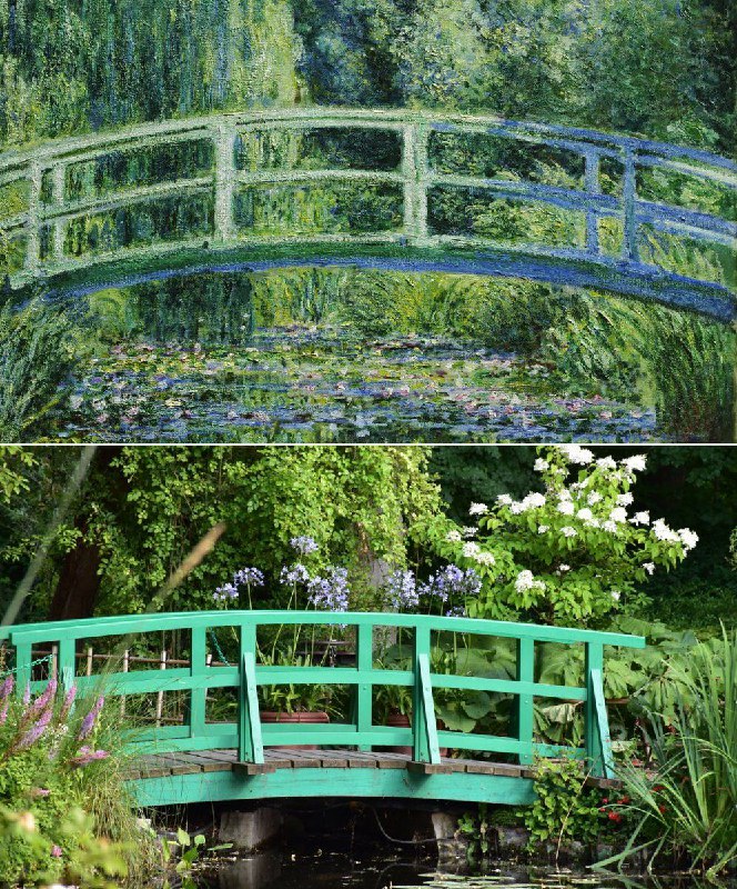 莫奈的《百合池上的桥》- 莫奈的花园，位于法国吉维尼关于吉维尼乡村，莫奈在给保罗·杜兰-吕伊尔的一封信中写道:“定居后，我希望创作杰作，因为我非常喜欢乡村