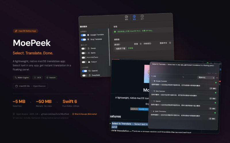 MoePeek 一款轻量级 macOS 划词翻译工具，纯 Swift 6 开发，设备端 Apple 翻译保护隐私，安装体积仅 5MB，后台运行内存稳定约 50MB因为作者自己长期用 mac 上的划词翻译，之前被 easydict 的内存泄漏问题折腾得有点难受，用久就会越来越卡，就按自己的需求写了这个来自作者cos投稿，阿喵我测了下，基本就是轻量化的easydict👏🏷标签：#macOS #翻译 #OCR☁链接：点击获取⭐频道  😮群聊  ✏投稿  🌍中文
