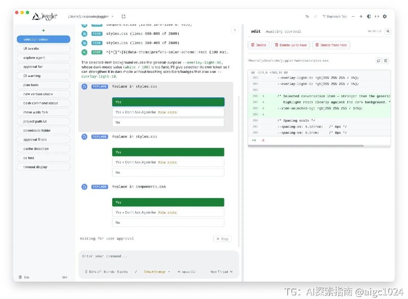 为想亲手掌控 LLM 对代码库做了什么的人，提供一个可视化工作台式的 AI 编码 agent，可检视每次工具调用、用分支线程来回溯、直接编辑上下文