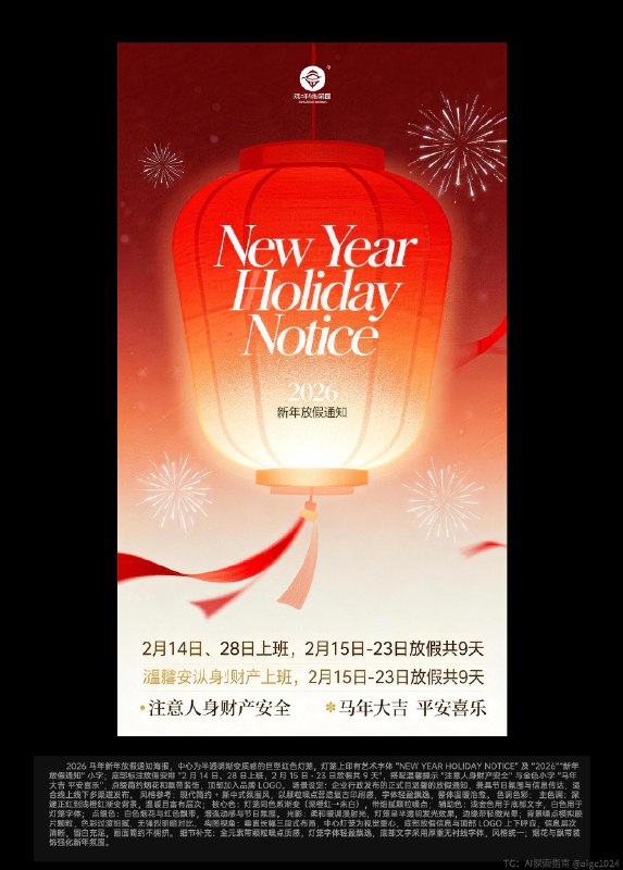AIGC直出，2026新年放假通知海报（附提示词） 既梦4.5直出[打卡R]日历方面可能会出现错乱，需要ps一下，如果不想用ps可以直接选择不带日历的提示词