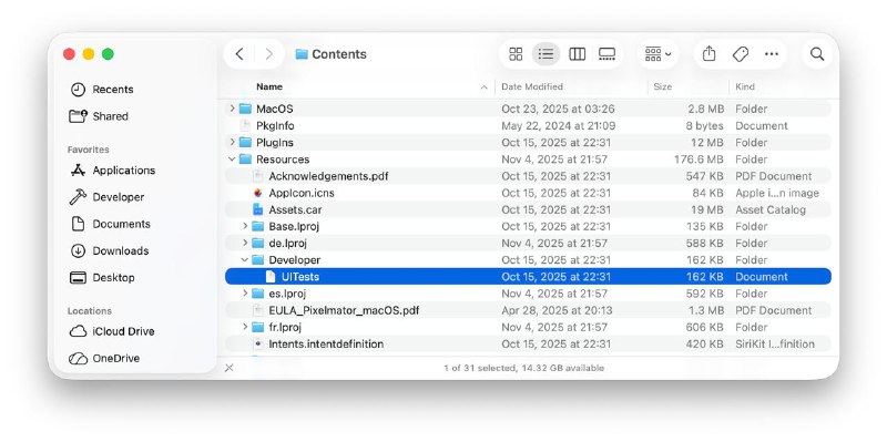 Pixelmator Pro 的资源里面有一个叫 UITests 的文件，实际上这是一个 zip 包