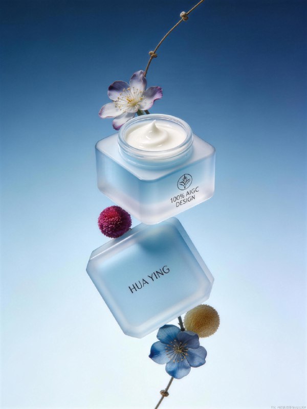 AIGC直出，清爽蓝色护肤品摄影大片（附教程） 既梦4.5香水摄影大片，提示词参考：红色区域为蓝色的植物