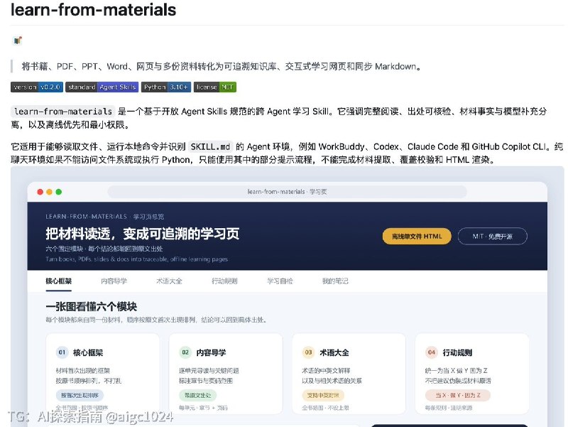 推荐一个读 PDF 很爽的 Agent Skill：learn-from-materials，直接把几百页资料变成可交互的学习网站