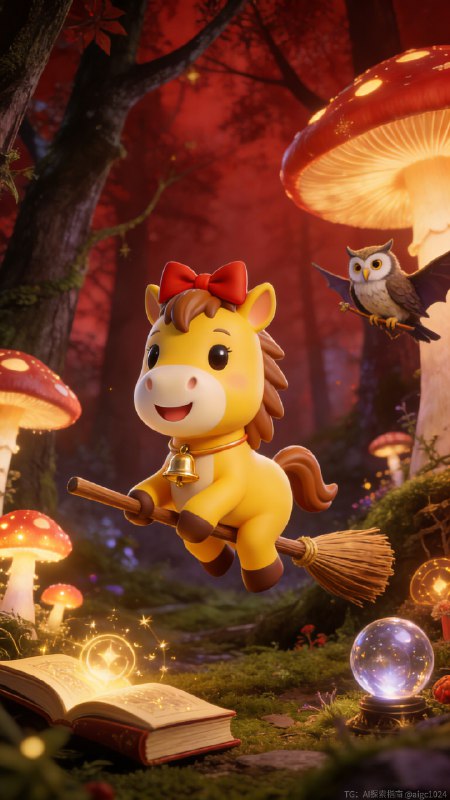 AIGC直出，2026小马新年旅游海报（附提示词） 用4.5生成海报，再用4.0生成字体合成海报，提示词参考：3D 卡通渲染风格，超萌治愈系马年新年主插画，画面中心是拟人化生肖马 IP 形象站着，通体为明亮的暖黄色，头顶棕褐色鬃毛，佩戴红色蝴蝶结发饰与带金色铃铛的红色项圈，表情呆萌带浅笑，小马的大眼睛乌黑透亮，带着灵动的高光，嘴角露出开心的微笑，整体表情温暖治愈，表情温暖治愈，看着前面的冰糖葫芦，仿佛沉浸在热闹的市集氛围里