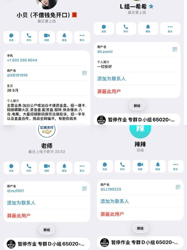 🅥 东南亚新闻: 大家注意一下下面这几个人,尽量不要合作。他们是专门“黑车队/黑团队”的性质,且之前对接的内容明显不正规。当时我们这边对接的是所谓“打资金盘”的料,但开工头一天,他们直接把资金打向了疑似电诈渠道。钱一到卡就立刻“非柜/失联”。他们还谎称说是“