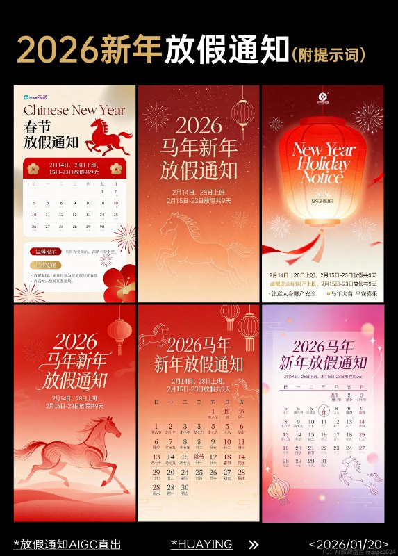 AIGC直出，2026新年放假通知海报（附提示词） 既梦4.5直出[打卡R]日历方面可能会出现错乱，需要ps一下，如果不想用ps可以直接选择不带日历的提示词