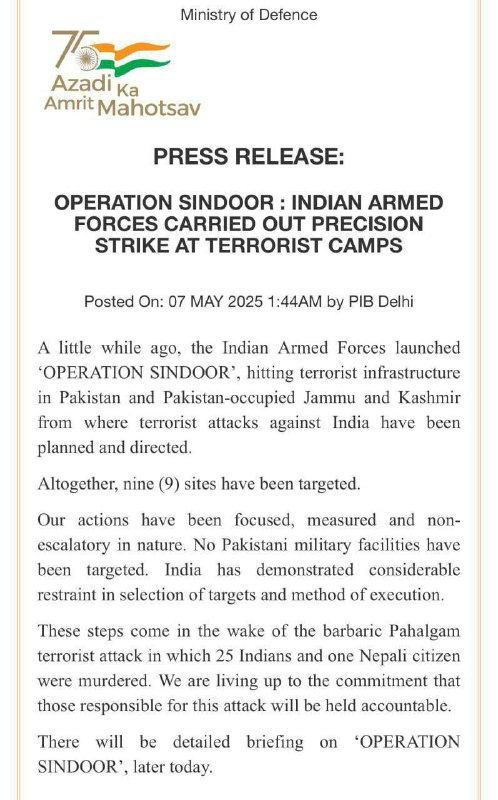 Indian Armed Forces Carried Out Precision Strike At Terrorist Camps.#OperationSindoor