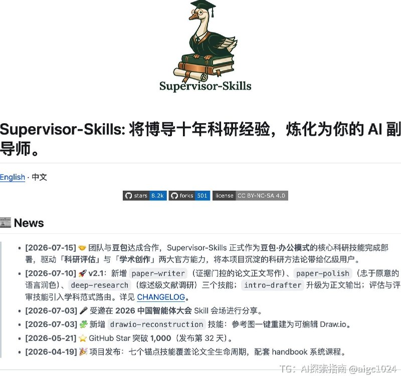 这个 7.9K+ Star 的 Supervisor-Skills，把博导十年的科研、顶会发表和审稿经验，直接“炼”成了一套 AI Skills