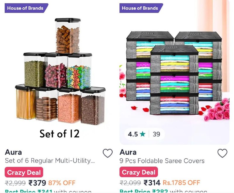 Crazy limited time dealOrganizers under 500/- + additional Coupon Container starting from 89/- + additional Coupon Container Starting from 199/- + additional Coupon Bottle starting at 89/- Water bottle starting at 199/- Box starting at 395/- + additional Coupon and mugs starting at 239/- + additional Coupon Dispenser starting at 183/