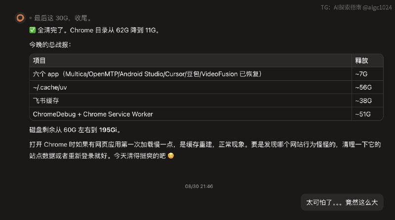 上次发现飞书、Chrome、终端每个都是硬盘杀手...于是写了个 Skill 来清理硬盘一次直接清理掉 100 多 G 的空间考虑到 Mac 的硬盘价格，这应该是我今年用过的最值钱的 Skill 吧...不敢私藏，有需要的可以试试配合 Mole 做为硬盘大文件检测效果更佳硬盘小浣熊 🦝 Disk Raccoon 项目地址：
