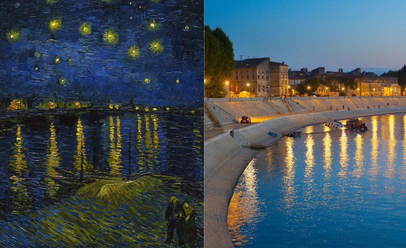 梵高的《罗纳河上的星夜（1888）》- 法国阿尔勒  梵高在给兄弟的信中描述了这幅画:“天空是蓝绿色的，水是深蓝色的，地面是紫红色的