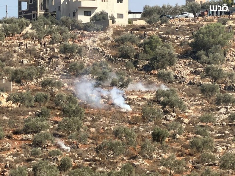 כוחות ישראל הישראלים יורים גז מדמיע לעבר בתים פלסטינים במהלך הריסתם של שני בתים בעיירה ביתא, דרומית לשכם בג…