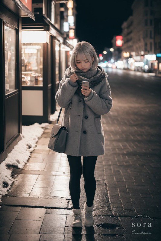 Snowy night on the wayhome, walking alone,staringata smartphone,expression filledwith deep sadness,melancholicatmosphere,emphasizingtheloneliness of winter,soft glow ofstreet lights,light reflectingoffthe snow,serene yet sorrowfulambiance,visible breath in the cold air,