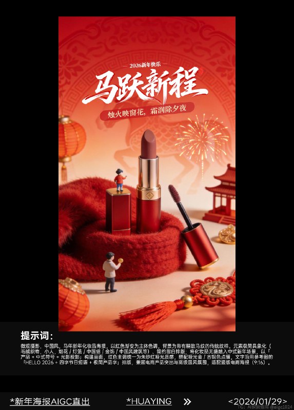 AIGC直出，2026马年新年美妆海报（附提示词） 既梦4.5生成海报，提示词参考：微观摄影，中国风，马年新年化妆品海报，以红色渐变为主体色调，背景为带有精致马纹的传统纹样