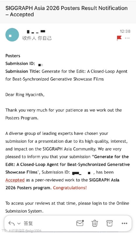天呐，收到了 SIGGRAPH Asia 2026 Posters 的接收邮件！这是我们很长一段时间在 AI 影像制作中关于生成、剪辑和音乐节奏的一次探索