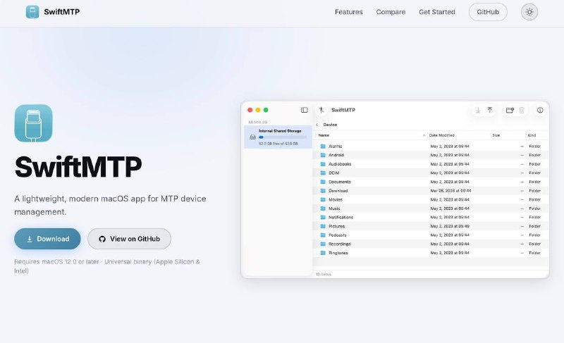 开源项目分享：SwiftMTP——一款 macOS 平台“安卓文件传输”的良好替代众所周知 Google 开发的 Mac 版“安卓文件传输”界面老旧、未支持 Apple M 系列芯片，已经将近 8 年未更新