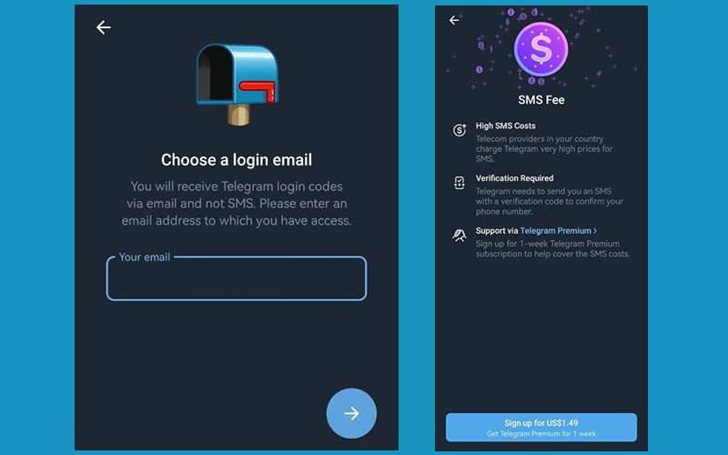 Telegram在新设备上登录时也可能收取短信验证费用有网友发现，Telegram 不仅仅在注册时会对一些地区账号收费，即便在新设备上登录时也可能需要强制验证邮箱验证码和支付验证短信费用