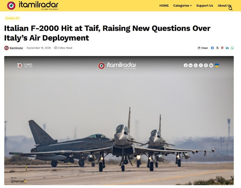 🇾🇪🇸🇦🇮🇹️ — The F-2000 (Eurofighter Typhoon) of the Italian Air Force was damaged as a result of the Houthis' attack on the King Fahd base in Saudi Arabia.
