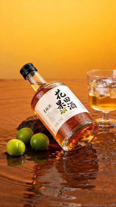 【AIGC直出.高端青梅酒商业摄影（附提示词）】[向右R] 参考提示词：‘花田果酒’高端青梅酒商业摄影，透明瓶身的琥珀色青梅酒（瓶身贴含‘花田果酒’书法字体的标签，瓶子旁边有几颗青梅），置于暖棕水面上（水面有波纹），旁侧搭配装冰酒的玻璃杯，背景为渐变暖黄底色