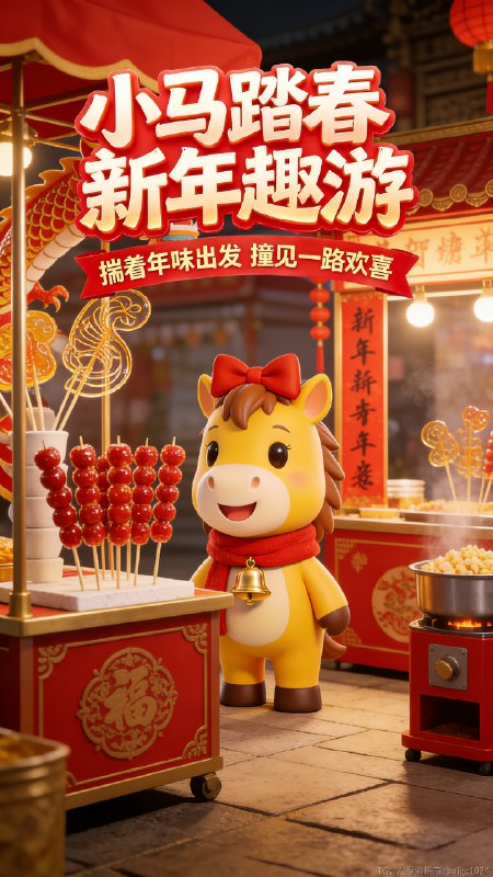AIGC直出，2026小马新年旅游海报（附提示词） 用4.5生成海报，再用4.0生成字体合成海报，提示词参考：3D 卡通渲染风格，超萌治愈系马年新年主插画，画面中心是拟人化生肖马 IP 形象站着，通体为明亮的暖黄色，头顶棕褐色鬃毛，佩戴红色蝴蝶结发饰与带金色铃铛的红色项圈，表情呆萌带浅笑，小马的大眼睛乌黑透亮，带着灵动的高光，嘴角露出开心的微笑，整体表情温暖治愈，表情温暖治愈，看着前面的冰糖葫芦，仿佛沉浸在热闹的市集氛围里