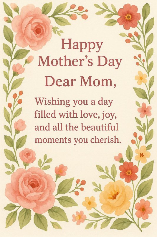 AI 制作一张漂亮的【母亲节】贺卡，卡片上写着：【“母亲节快乐，亲爱的妈妈”】并在这行字的下面写上一些温馨甜美的祝福语