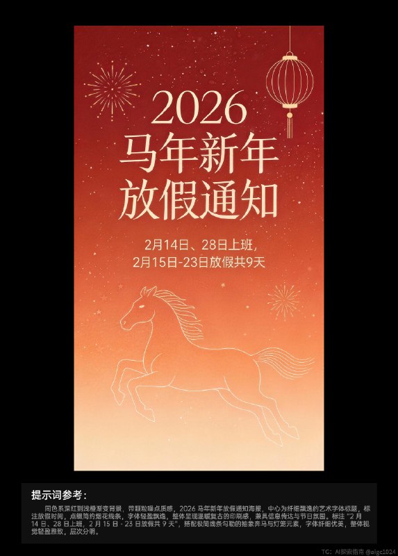 AIGC直出，2026新年放假通知海报（附提示词） 既梦4.5直出[打卡R]日历方面可能会出现错乱，需要ps一下，如果不想用ps可以直接选择不带日历的提示词