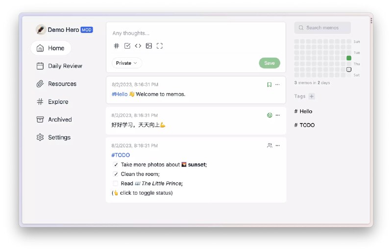 #开源 #工具 #建站📝memos - 一款开源、轻量级的笔记服务系统Demo | 文档📄flomo 的平替，隐私性更好、拓展性更强频道之前也介绍过，不过那会还比较早期，现在经过多轮迭代升级，功能已经非常全面了！上手体验了一下，简直爱不释手啊，直接在 Nas 部署了一个，速度快，颜值也高，非常建议大家去试试📦Racknerd 2024 新年促销📮投稿    📢频道    💬群聊    🔎索引