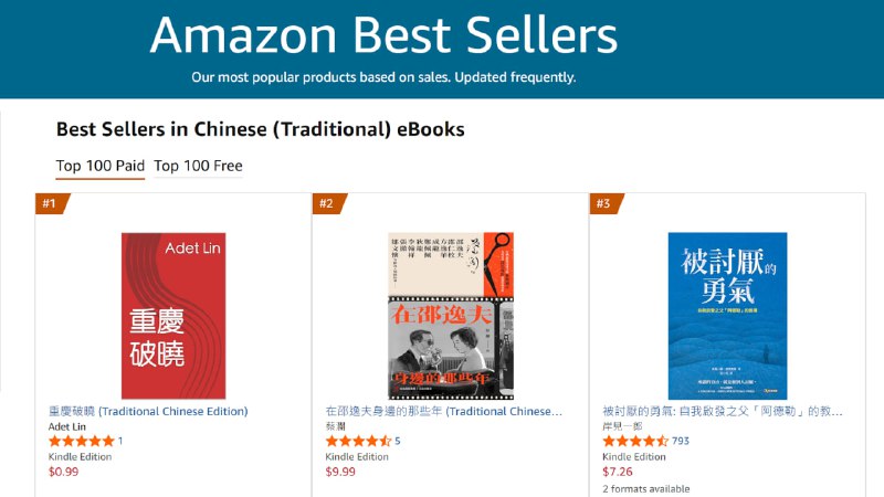 我於 2022 年完成的譯作《重慶破曉》（Dawn Over Chungking），已榮獲加拿大 Amazon 正體中文類別的銷量冠軍！承蒙厚愛，不勝感激！