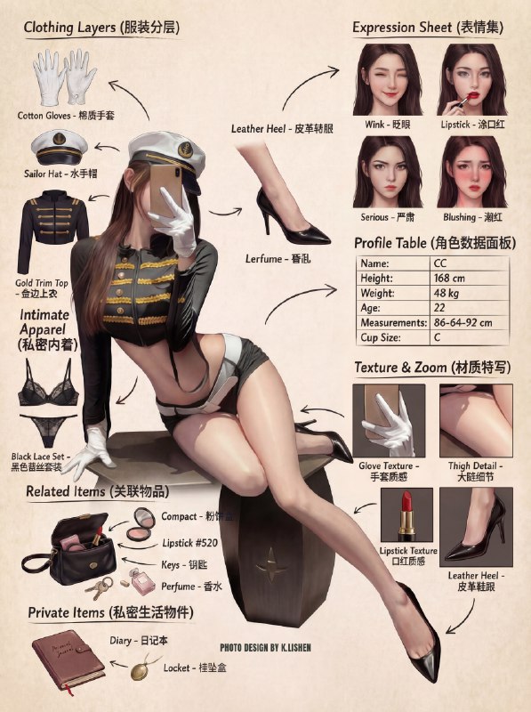 角色自定义多姿势制服穿搭分解图～附提示词 三连赠[开箱R][开箱R][开箱R]Photo Design By高质量穿搭分解图图生成提示词:Role (角色设定)你是一位顶尖的游戏与动漫概念美术设计大师 (Concept Artist)，擅长制作详尽的角色设定图（Character Sheet）